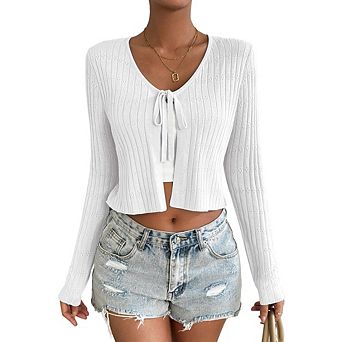Women's Tie Front Long Sleeve Rib Knit Shrug Sweaters Cardigan Crop Top Causal Summer Tops