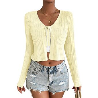 Women's Tie Front Long Sleeve Rib Knit Shrug Sweaters Cardigan Crop Top Causal Summer Tops
