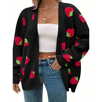 Women's Plus Size Strawberry Floral Print Long Sleeve Open Front Knit Cardigan Sweater