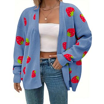 Women's Plus Size Strawberry Floral Print Long Sleeve Open Front Knit Cardigan Sweater