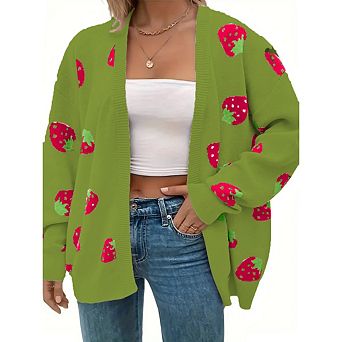 Women's Plus Size Strawberry Floral Print Long Sleeve Open Front Knit Cardigan Sweater