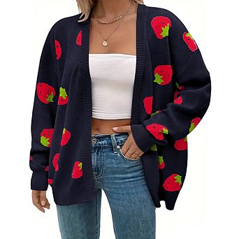 Women's Plus Size Strawberry Floral Print Long Sleeve Open Front Knit Cardigan Sweater