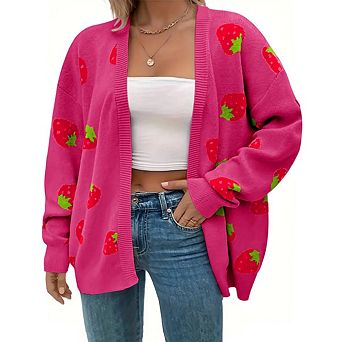 Women's Plus Size Strawberry Floral Print Long Sleeve Open Front Knit Cardigan Sweater