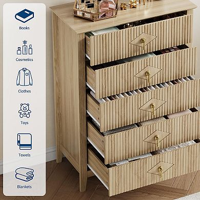 IDEALHOUSE Modern Fluted 5-Drawer Dresser with Metal Handles