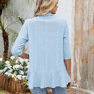 Women's Open Front 3/4 Sleeve Cardigan Drape Ruffles Cardigan Hollow-Out Cover Ups