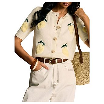 Women's Embroidery Button Down Cardigan Sweater Short Sleeve Knit Outerwear