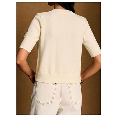 Women's Embroidery Button Down Cardigan Sweater Short Sleeve Knit Outerwear