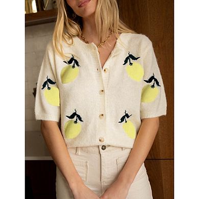 Women's Embroidery Button Down Cardigan Sweater Short Sleeve Knit Outerwear
