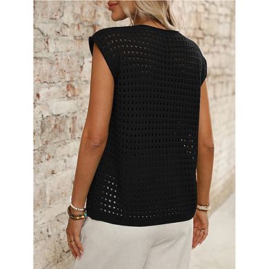 Women's Crochet Knit Blouse V-Neck Tie-Front Sleeveless Mesh Top