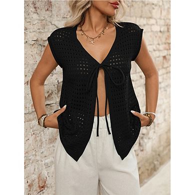 Women's Crochet Knit Blouse V-Neck Tie-Front Sleeveless Mesh Top