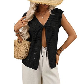 Women's Crochet Knit Blouse V-Neck Tie-Front Sleeveless Mesh Top