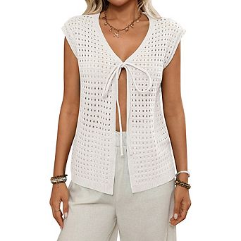 Women's Crochet Knit Blouse V-Neck Tie-Front Sleeveless Mesh Top