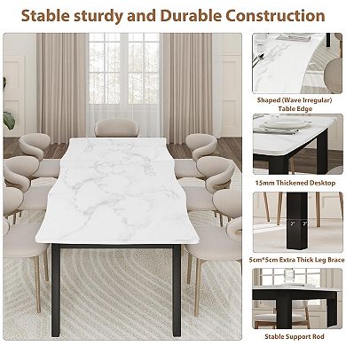 IDEALHOUSE Modern Wave-Edge Dining Table, Waterproof Rectangular Table with Metal Frame