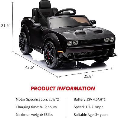 12V Licensed Dodge Challenger Ride on Car for Kids with Remote Control Ages 3+, LED Lights & Music