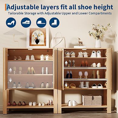 IDEALHOUSE 2-Door Rattan Shoe Cabinet with Adjustable Shelves & Open Shelf