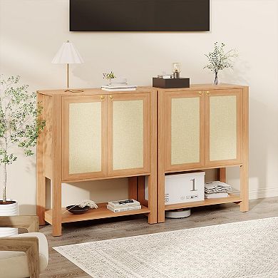 IDEALHOUSE 2-Door Rattan Shoe Cabinet with Adjustable Shelves & Open Shelf