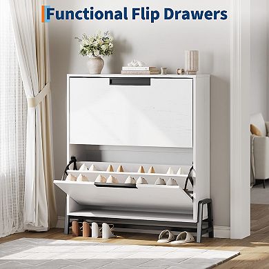 IDEALHOUSE Flip-Door Shoe Storage Cabinet with 2 Drawers & Adjustable Shelves