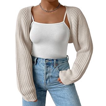 Women’s Plus Size Long Sleeve Open Front Cropped Knit Cardigan Drop Shoulder Bolero Shrug Sweater