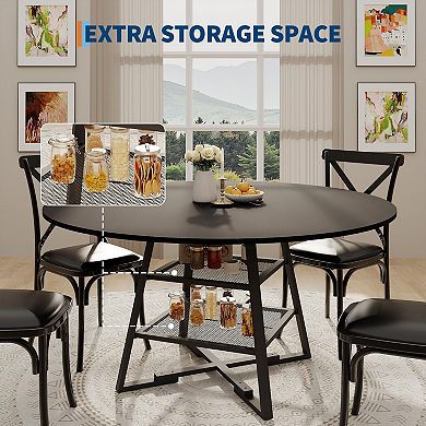 IDEALHOUSE Round Farmhouse Dining Table with Storage Shelf & Metal Cross Base