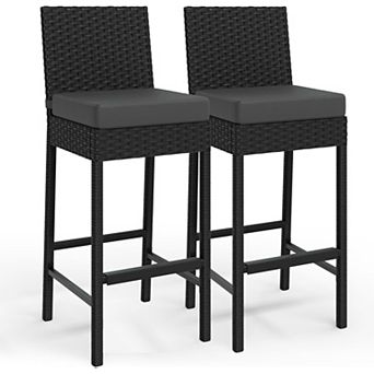 IDEALHOUSE Set of 2 Outdoor Wicker Bar Stools with Seat Cushions & Footrest