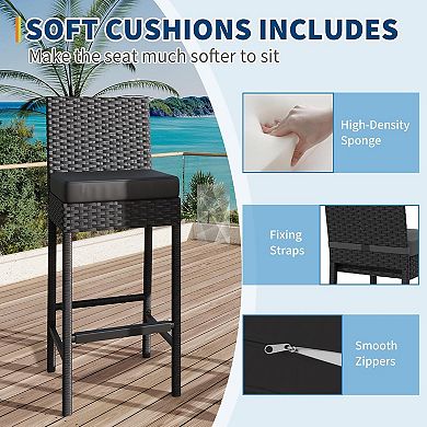IDEALHOUSE Set of 2 Outdoor Wicker Bar Stools with Seat Cushions & Footrest