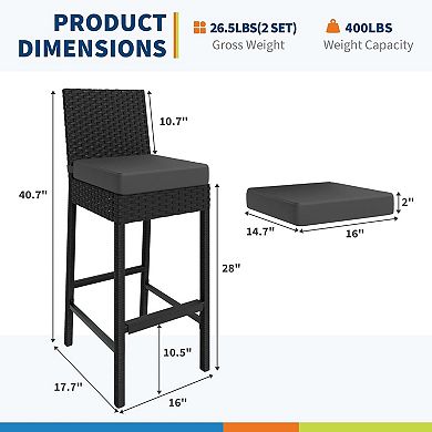 IDEALHOUSE Set of 2 Outdoor Wicker Bar Stools with Seat Cushions & Footrest