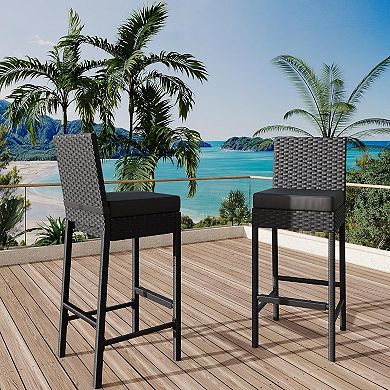 IDEALHOUSE Set of 2 Outdoor Wicker Bar Stools with Seat Cushions & Footrest