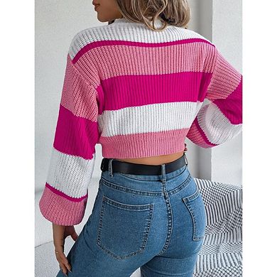 Women Oversized Striped Sweater Long Sleeve Crewneck Pullover Sweaters Color Block Knit Crop Tops