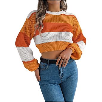 Women Oversized Striped Sweater Long Sleeve Crewneck Pullover Sweaters Color Block Knit Crop Tops