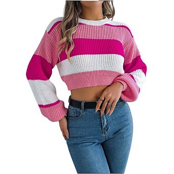 Women Oversized Striped Sweater Long Sleeve Crewneck Pullover Sweaters Color Block Knit Crop Tops