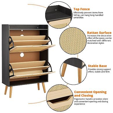 IDEALHOUSE Natural Woven Rattan 2-Tier Shoe Cabinet with Flip Drawers