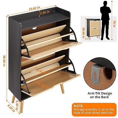 IDEALHOUSE Natural Woven Rattan 2-Tier Shoe Cabinet with Flip Drawers
