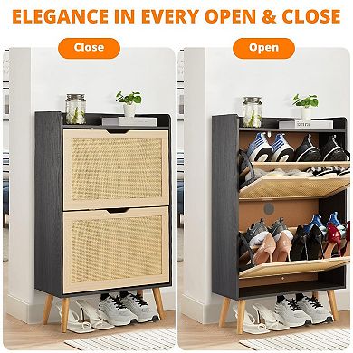 IDEALHOUSE Natural Woven Rattan 2-Tier Shoe Cabinet with Flip Drawers