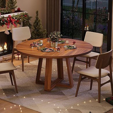 IDEALHOUSE Round Farmhouse Dining Table with Cross Pedestal Base, Seats 4