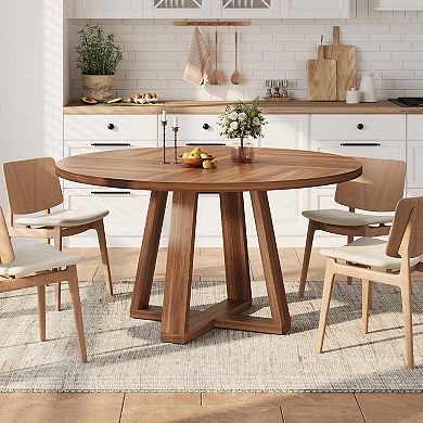 IDEALHOUSE Round Farmhouse Dining Table with Cross Pedestal Base, Seats 4