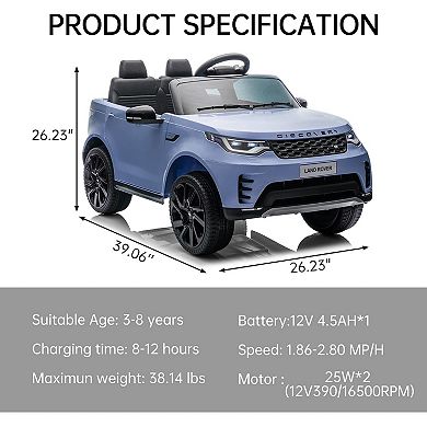 12V Land Rover Licensed Kids' Electric Car, 2-Seater, 2-6 MPH, Ages 3-8, Remote Control