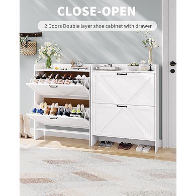 IDEALHOUSE Slim Shoe Cabinet with 2 Flip Drawers & Barn Door Style