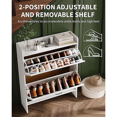 IDEALHOUSE Slim Shoe Cabinet with 2 Flip Drawers & Barn Door Style