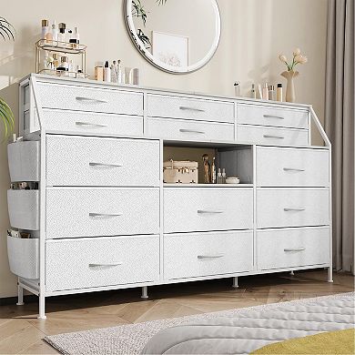IDEALHOUSE 14-Drawer Fabric Dresser with Wood Top & Open Shelves