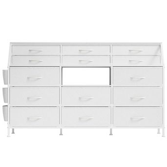 IDEALHOUSE 14-Drawer Fabric Dresser with Wood Top & Open Shelves