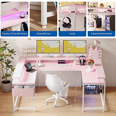 126" Reversible U Shaped Computer Gaming Desk with Power Outlets LED Lights and Monitor Stand