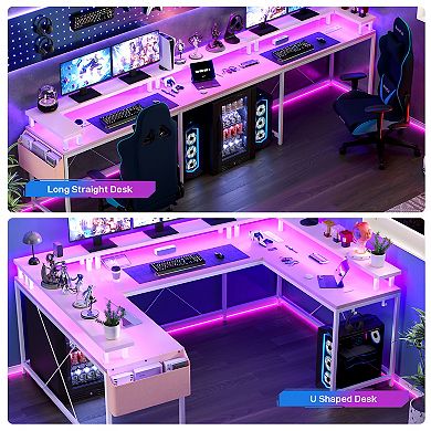 126" Reversible U Shaped Computer Gaming Desk with Power Outlets LED Lights and Monitor Stand