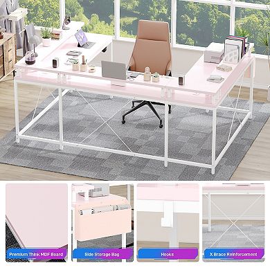 126" Reversible U Shaped Computer Gaming Desk with Power Outlets LED Lights and Monitor Stand