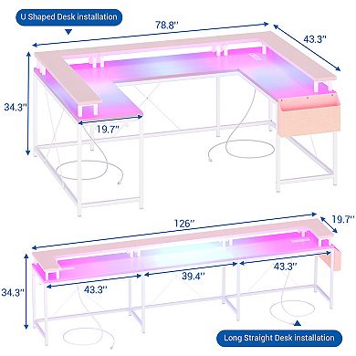 126" Reversible U Shaped Computer Gaming Desk with Power Outlets LED Lights and Monitor Stand