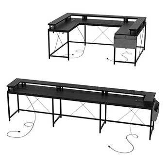 126" Reversible U Shaped Computer Gaming Desk with Power Outlets LED Lights and Monitor Stand