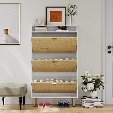 IDEALHOUSE Shoe Cabinet with 3 Flip Drawers, Narrow Slim Storage Organizer