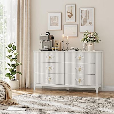 54" Extra Wide Modern Fluted 6-Drawer Wood Dresser with Metal Handles Storage Cabinet for Bedroom Living Room Hallway Entryway Easy Assembly - White