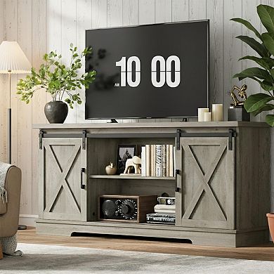IDEALHOUSE Farmhouse TV Stand with Sliding Barn Doors & Adjustable Shelves