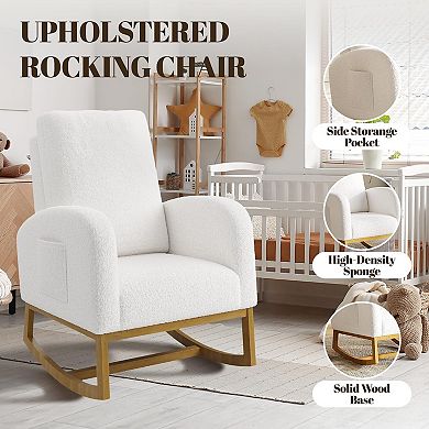 IDEALHOUSE High-Back Teddy Fabric Rocking Chair with Side Pocket and Wood Base