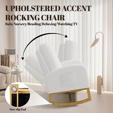 IDEALHOUSE High-Back Teddy Fabric Rocking Chair with Side Pocket and Wood Base